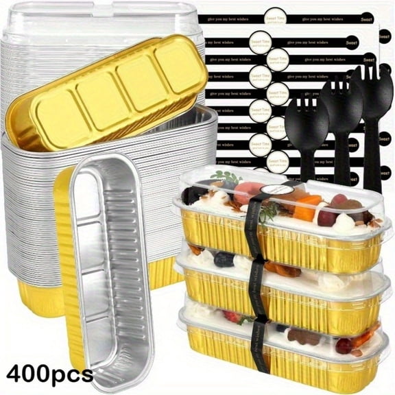 100 Sets Gold Rectangular Cake Pans with Lids, Aluminum Foil Mini Loaf Pans with Spoons and Seal Stickers, Disposable Baking Tins for Bqq Kitchen