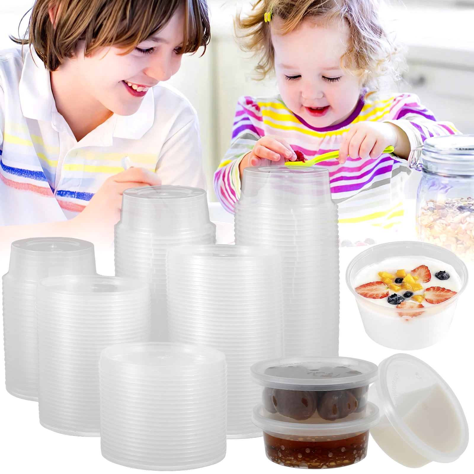 100 Sets Jello Shot Cups with Lids 2.5oz Condiment Containers Plastic