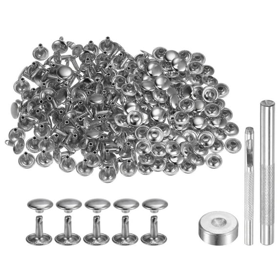 100 Sets Leather Rivets 10 x 10mm Metal with 3 Setter Tools, Silver Tone