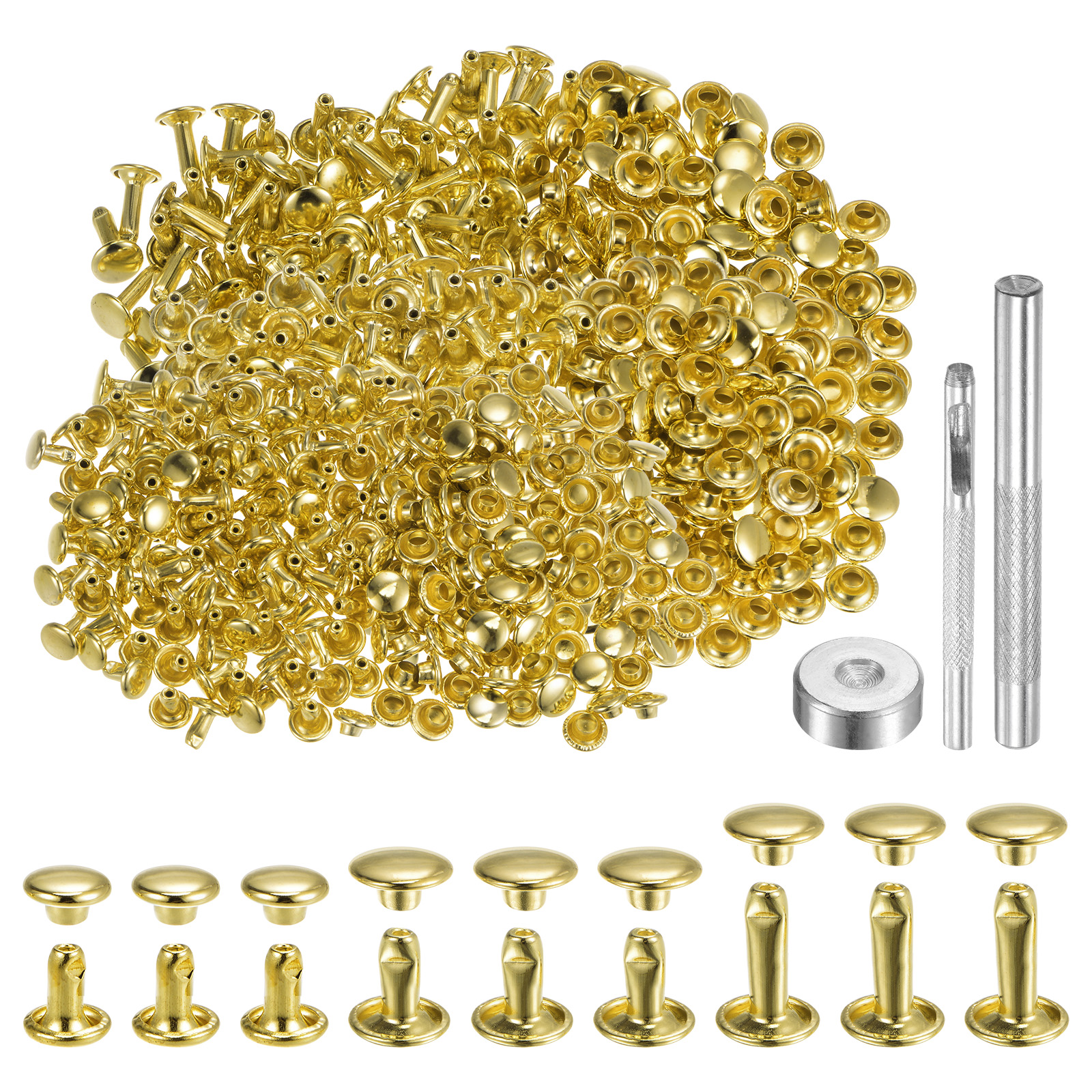 100 Sets Leather Rivets 3 Size Metal with 3 Setter Tools, Gold Tone ...