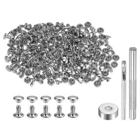 100 Sets Leather Rivets 6 x 6mm Metal with 3 Setter Tools, Silver Tone