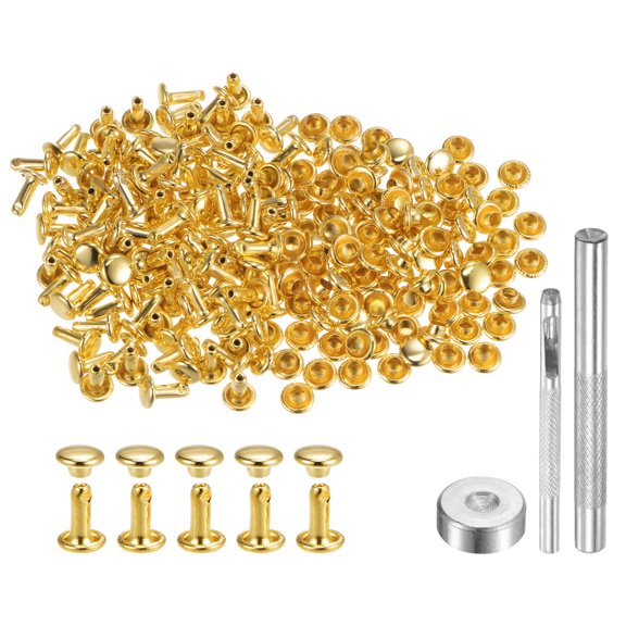 100 Sets Leather Rivets 8 x 6mm Metal with 3 Setter Tools, Gold Tone