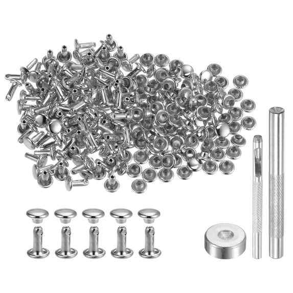 100 Sets Leather Rivets 8 x 6mm Metal with 3 Setter Tools, Silver Tone