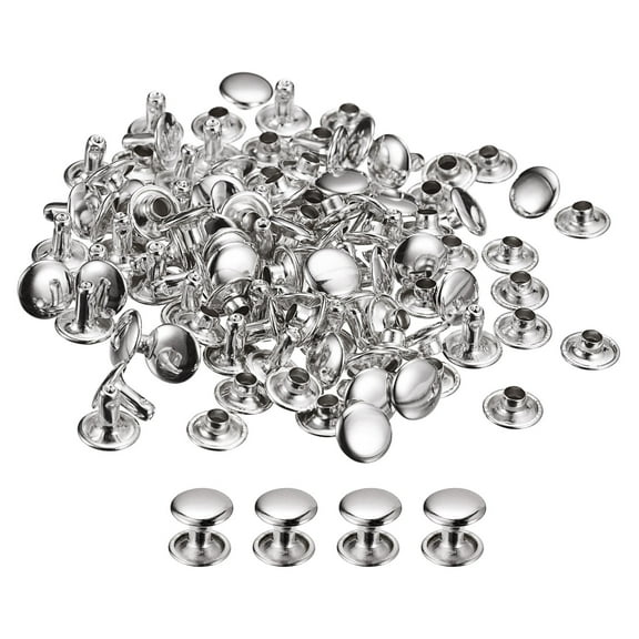 100 Sets Leather Rivets 9mm Double Cap Rivets 8mm Height Metal Studs Rivet, Silver Tone