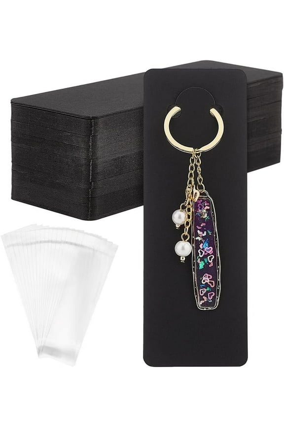 100 Sets Long Keychain Display Cards with Self-Sealing Bags 5.9x2 Inch Black Paper Keyring Display Holder Keychain Cards Holder for Displaying Keyring Keychains Jewelry Packaging