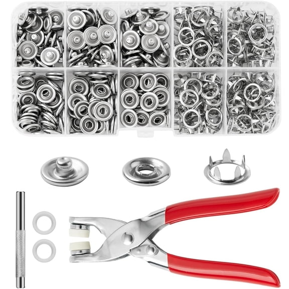 100 Sets Metal Snaps Buttons, 9.5mm Eyelet Press Studs Kit with Fastener Pliers Press Tool Kit, Perfect for DIY Crafts Clothes Hats and Sewing, Snap Button Fasteners Kit for Clothing Sewing