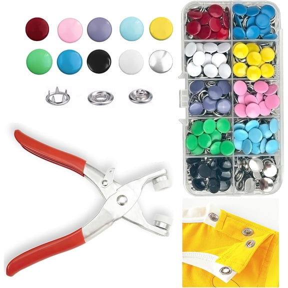 100 Sets Metal Snaps Buttons with Fastener Pliers Press Tool Kit Perfect for DIY Crafts Clothes Hats and Sewing, Snap Button Fasteners Kit for Clothing Sewing (9.5mm / 400 PCS)