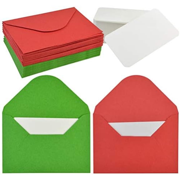 100 Sets Mini Envelopes with White Blank Business Cards Red Green Small Enclosure Card Mini Card Envelopes for Christmas Chinese New Year Valentine's Day