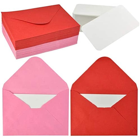 100 Sets Mini Envelopes with White Blank Business Cards Red Pink Small Enclosure Card Mini Card Envelopes for Valentine's Day$$Office