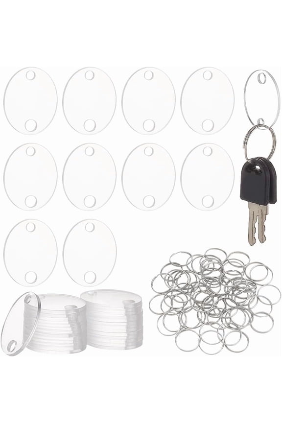 100 Sets Oval Key Tag Acrylic Key Labels Clear Blank Key Chains Key Identifiers with Metal Split Keyring for DIY Crafts Key Organizing 1.38 x 1.13 Inch Clear