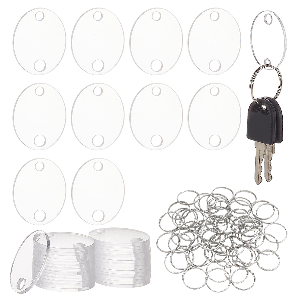 100 Sets Oval Key Tag Acrylic Key Labels Clear Blank Key Chains Key Identifiers with Metal Split Keyring for DIY Crafts Key Organizing 1.38 x 1.13 Inch DIY Clear
