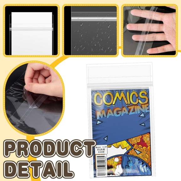 100 Sets Resealable Current Size Comic Book Bags and Boards, Crystal Clear Self Sealing Comic Book Sleeves with Double-Sided White Cardboard Regular Comics Magazine Storage for Collector$$Office
