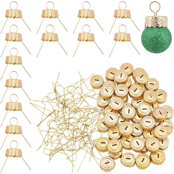 100 Sets Round Ornament Caps Gold Aluminum Replacement Caps with Removable Metal Hangers for Glass Porcelain Ceramic Christmas DIY Decorations