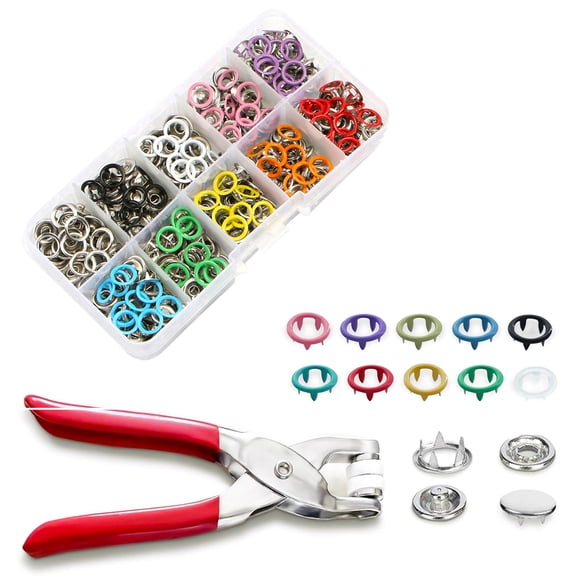 100 Sets Snaps for Fabric, Metal Snaps Buttons with Fastener Pliers Press Tool Kit Perfect for DIY Crafts Clothes Hats and Sewing, Snap Button Fasteners Kit for Clothing Sewing (9.5mm, 10 Colors)