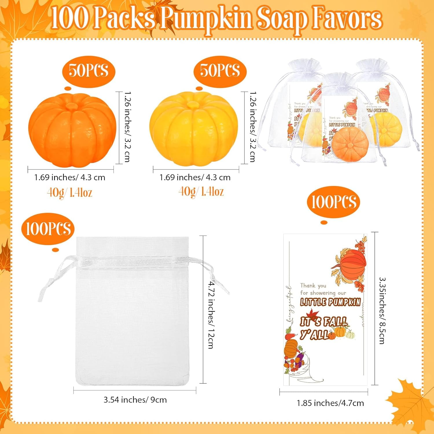 100 Sets Thanksgiving Day Mini Pumpkin Baby Shower Favors with Pumpkin Soap  and Thank You Cards Gift Bags for Fall Bridal Shower Wedding Autumn Party  Decorations - Walmart.com, image size:1500x1500