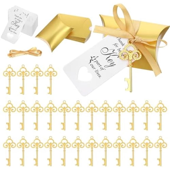 100 Sets Vintage Key Bottle Opener Wedding Favors, Wedding Party Souvenir Gift for Guests with Thank You Tag Card Pillow Candy Box and Satin Ribbon (Gold)$$Home Decor, Kitchen, & Other