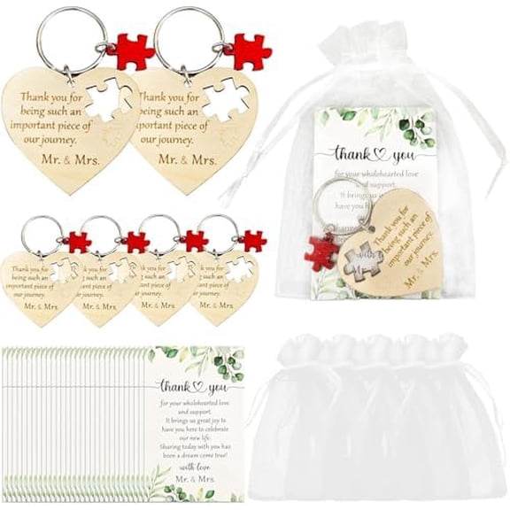 100 Sets Wedding Favors for Guests, Wedding Party Favors with Wood Heart Puzzle Keychains Thank You Cards and Organza Bags, Rustic Weddings Gifts for Guests Souvenirs Thank You Gifts