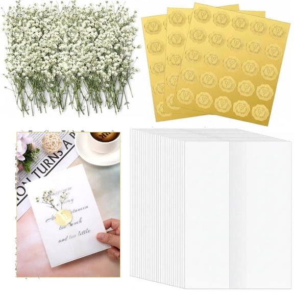 100 Sets Wedding Invitations Wraps, Pre Folded Vellum Jackets Natural Dried Pressed Flowers Gold Self Adhesive Envelope Seal Stickers