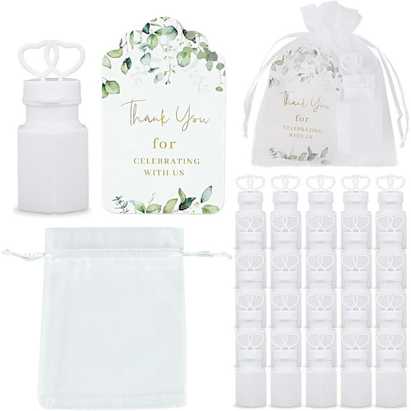 100 Sets Wedding Party Favors White Mini Bubble Bottles Greeting Card Goodie Bag Wedding Bubbles for Guests, Anniversary, Engagement, Celebration
