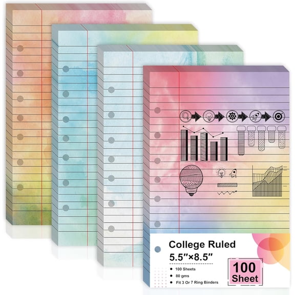100 Sheet 5.5" x 8.5" Colored Loose Leaf Paper Half Letter Lined Paper 7 hole punched Wide Ruled Paper Refills College Ruled Notebook Paper Watercolor 80GSM For 3 Or 7 Ring Binders