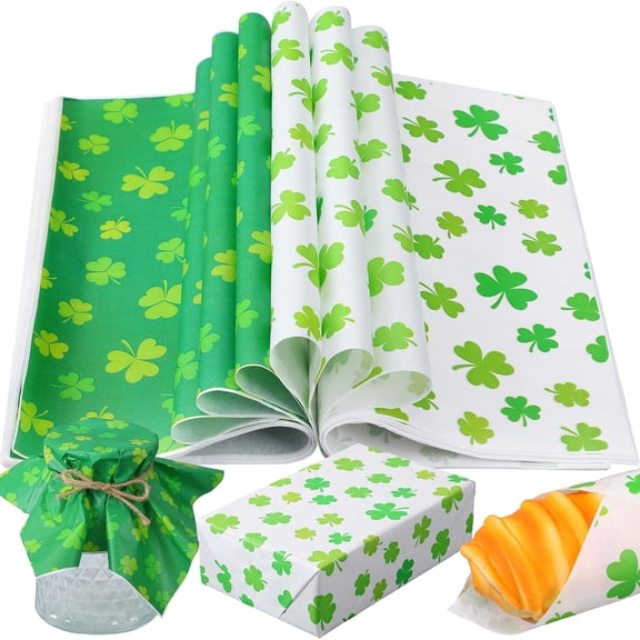 100 Sheet St. Patrick's Day Clover Wax Paper for Food Tissue Paper Shamrock Gift Wrapping, DIY Baking Package for St. Patrick's Day, Wedding, Picnic, Hamburgers, Sandwiches, Desserts