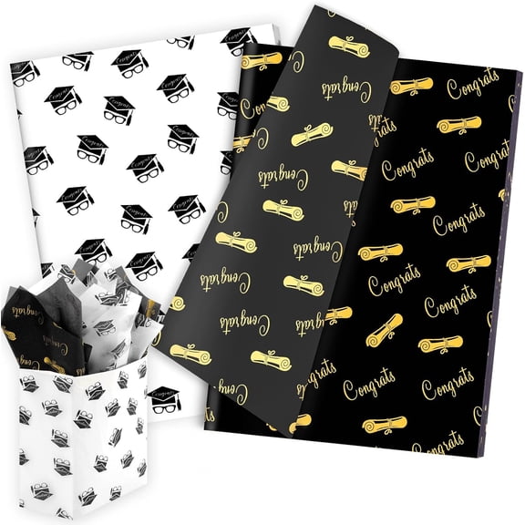 100 Sheets 2026 Graduation Tissue Paper for Gift Wrapping, 20x14'' Graduation Diploma Cap Congrats Decorative Wrapping Tissue for Grad Gift Bags Filler Party DIY Craft (Black)