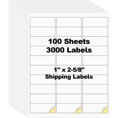 100 Sheets 3000 Pcs 30 Up 1" x2-5/8 Shipping Address Barcode Labels for Laser & Inkjet Printers, 1x2.625 FBA Labels on US Letter, 30 per Sheet Return Address Labels, 30 per Page