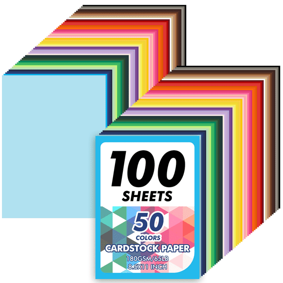 100 Sheets 8.5" X 11" Colored Cardstock, 50 Assorted Colors, Card Stock Paper for DIY Crafts, Party Decorations, Card Making, and Printing, 65lb / 180GSM