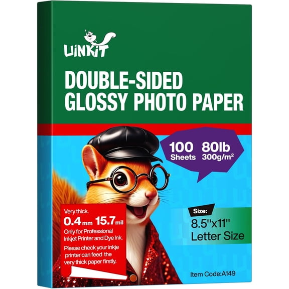 100 Sheets 8.5x11 Letter Size Thick Heavyweight Photo Paper Double Sided Glossy Cardstock 80LB 300Gsm 15.7Mil Brochure, Only for professional Inkjet Printer and Dye Ink (100)