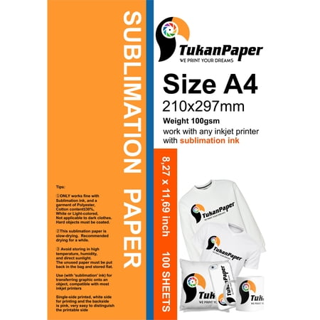 100 Sheets A4 (8.2" x 11.6") Sublimation Transfer Paper for Specialty Printing Tukan Paper dye coating works for any inkjet printer with sublimation ink