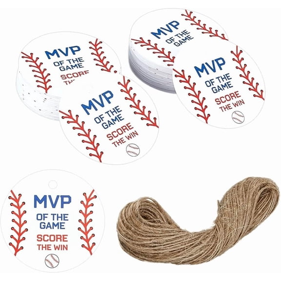 100 Sheets Baseball Printed Paper Hanging Gift Tags Flat Round with 1 Bundle Jute Twine Mixed Color 5x0.03cm for DIY
