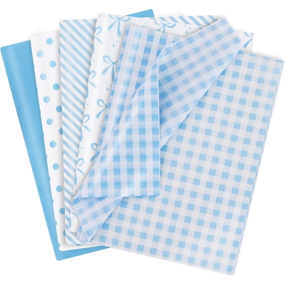 100 Sheets Blue Tissue Paper Bulk,Bow Dots Stripes Gingham Wrapping Tissue Paper for Gift Bags, 14 x 20 Inch Gift Wrap for Birthday Bridal Shower Easter Birthday Party DIY Crafts