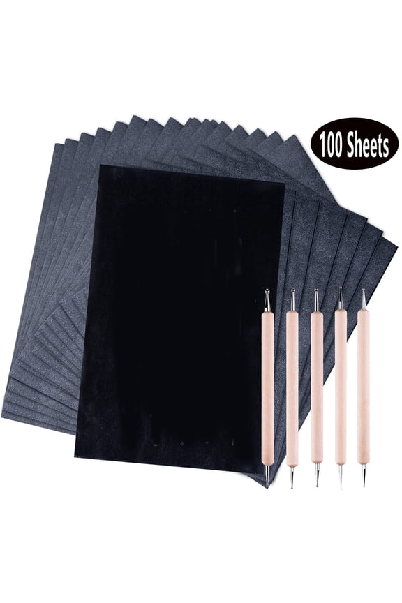 100 Sheets Carbon Paper Graphite Copy Paper Black Carbon Transfer (8.4 x 11.5 inch) Papers with 5 PCS Embossing Styluses Dotting Tools for Wood Paper Canvas Craft