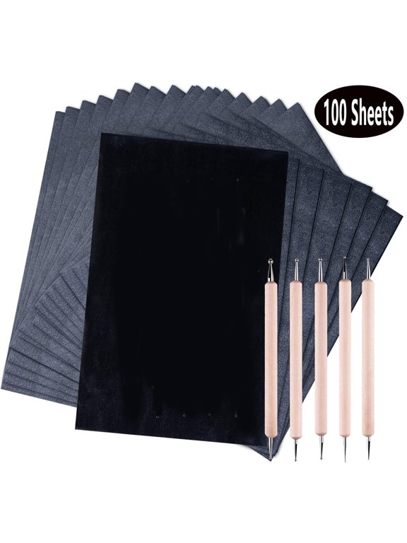 100 Sheets Carbon Paper Graphite Copy Paper Black Carbon Transfer (8.4 x 11.5 inch) Papers with 5 PCS Embossing Styluses Dotting Tools for Wood Paper Canvas Craft