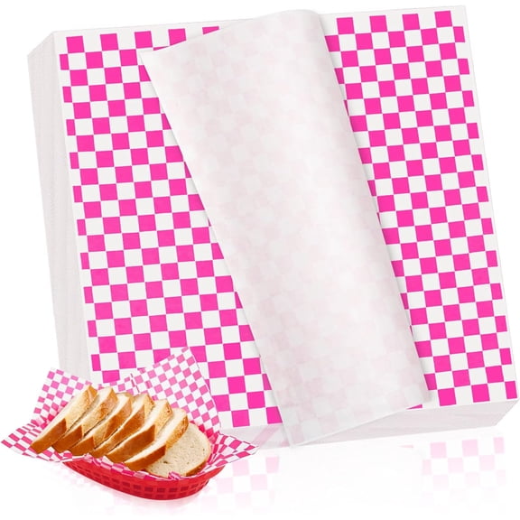 100 Sheets Checkered Dry Waxed Deli Paper Sheets, Paper Liners for Plastic Food Basket, Wrapping Bread and Sandwiches