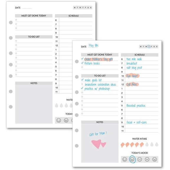 100 Sheets Daily To Do List Paper Undated for 3-Ring Mini Binder, Daily Schedule, Day Priorities, Notes, 7-Hole Punches, 5.5"x8.5"