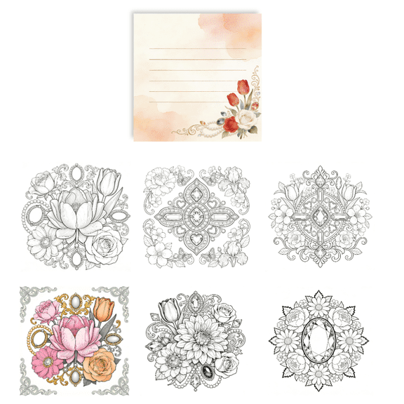 100 Sheets Double-Sided Floral Gem Sticky Notes: Original Coloring Patterns, Stress Relief Message Taking