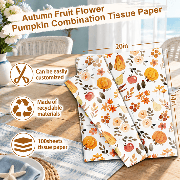 100 Sheets Fall Themed Gift Wrap Tissue Paper, 14 x 20 Inch, Pumpkin Fruit Leaf Design