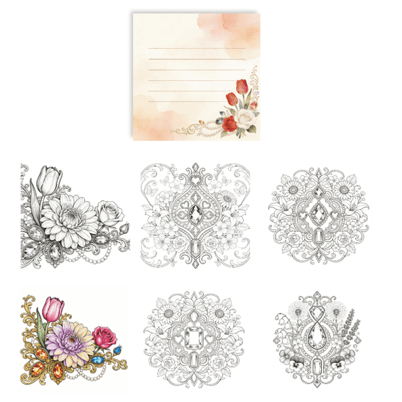 100 Sheets Floral Gem Stress Relief Sticky Notes: Double-Sided Writing, Original Unique No-Repeat Patterns