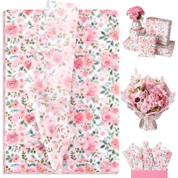 100 Sheets Floral Tissue Paper, Watercolor Rose, 20 x 14 Inch