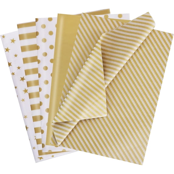 100 Sheets Gold and White Tissue Paper Bulk, Gold Dots Star Twill Stripes Print Wrapping Tissue Paper for Gift Bags, 14 x 20 Inch Gift Wrap for Birthday Wedding Christmas DIY Crafts