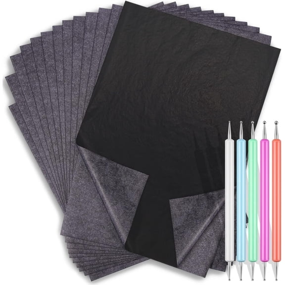 100 Sheets Graphite Transfer Paper with 5 Embossing Styluses Tools, Reusable Carbon Tracing Paper for Wood Burning, Fabric, Canvas & Leather Crafts, 8.3 x 11.7 inch