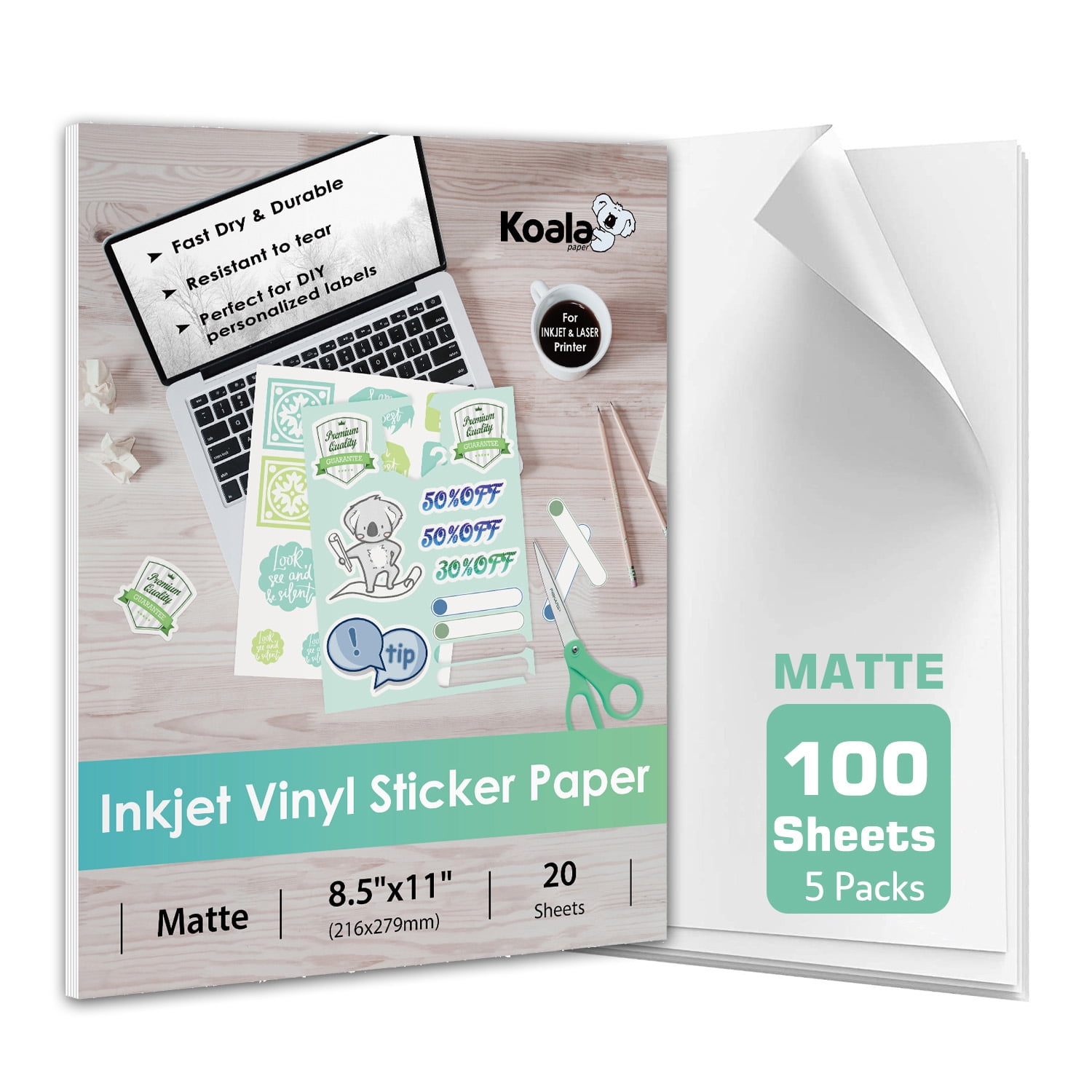 100 Sheets Koala Printable Vinyl Sticker Paper for Inkjet Printers Matte  White Waterproof Full Sheet Printable Adhesive Label Paper - Repositionable  Sticker Sheets 8.5x11 Inch 