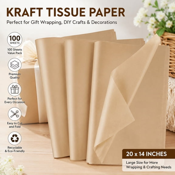 100 Sheets Kraft Tissue Paper 20x14 Inches Bulk Brown Wrapping Paper for Gift Bags DIY Crafts Birthday Wedding Holiday Party Decor