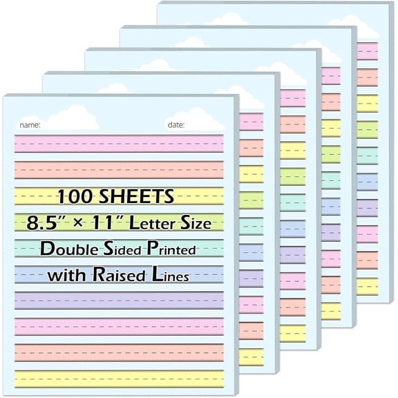 100 Sheets Multi-Color Raised Line Paper for Handwriting Practice, Wide Ruled Kindergarten Writing Paper, Double Sided, 8.5x11 inches, Educational Style
