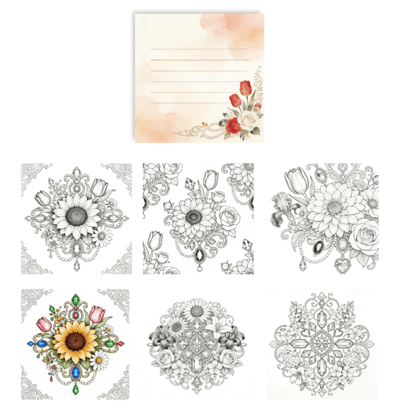 100 Sheets Original Floral & Gemstone Memo Pads: Double-Sided Coloring & Note-Taking, No-Repeat Designs