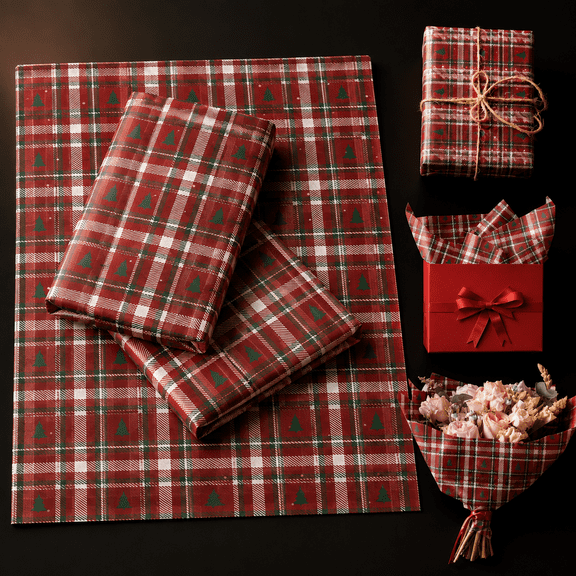 100 Sheets Red Checkered Plaid Gift Wrap Tissue Paper 13.8 x 19.7 Inches
