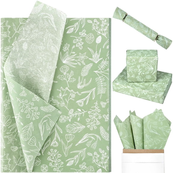 100 Sheets Sage Green Wildflowers Tissue Paper for Boho Themed Celebrations Craft Use