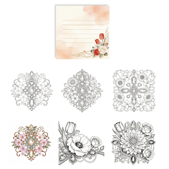 100 Sheets Stress Relief Coloring Sticky Notes: Original Floral & Gem Designs, Double-Sided Writing & Doodling