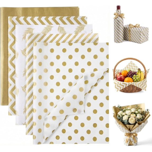 100 Sheets Tissue Paper Bulk, 20 x 14 Inch Metallic Gold Wave Stripe Tissue Paper for Gift Wrapping Birthday Wedding